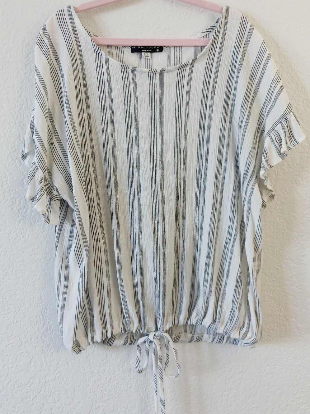 Final Touch Short Sleeve Linen-Blend Top -  Black and White Stripes